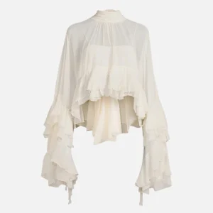 Blusa Feminina Transparente Gola Alta com Mangas Cascata de Babados – Nuvola